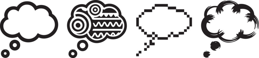 Set of Four Thought Bubble Icons in Varied Styles Representing Ideas Communication and Imagination