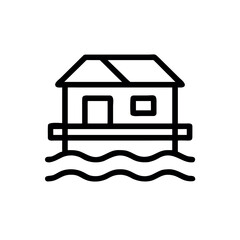 Floating house on calm water with wide window reflections Line Art Vector illustration