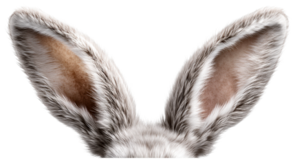 Close-up of fluffy grey and brown bunny ears against white background, cut out transparent