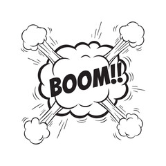 Boom comic book sound effect with explosion cloud. Pop art style black and white onomatopoeia vector illustration isolated on a transparent background.
