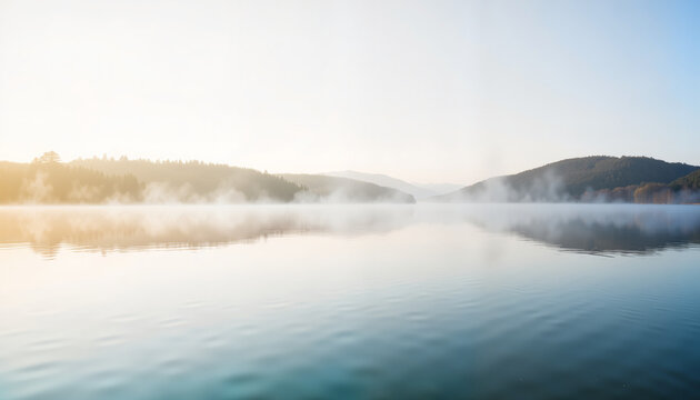 Serene lake landscape with mist and mountains at sunrise   - Powered by Adobe