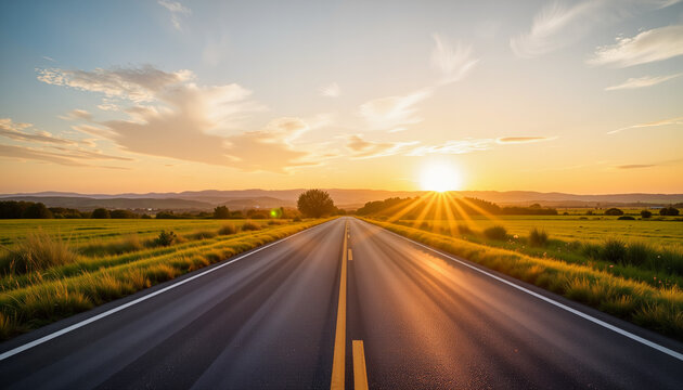 Serene road winding through green fields under sunrise sky   - Powered by Adobe