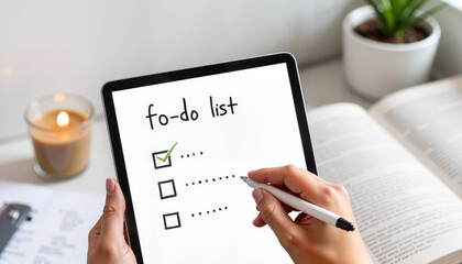Person writing on digital tablet with to-do list at home  