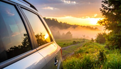 Car side view at Sunset close up view mockup template 