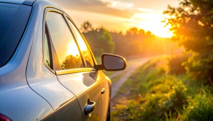 Car side view at Sunset close up view mockup template 