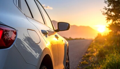 Car side view at Sunset close up view mockup template 