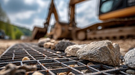A close-up view of steel grid material positioned beside stacked flat rocks, with an excavator working in the blurred background, capturing the bustling energy of a construction site.