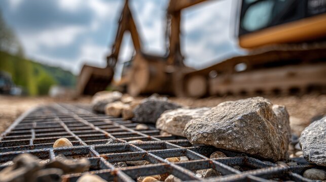 A close-up view of steel grid material positioned beside stacked flat rocks, with an excavator working in the blurred background, capturing the bustling energy of a construction site. - Powered by Adobe