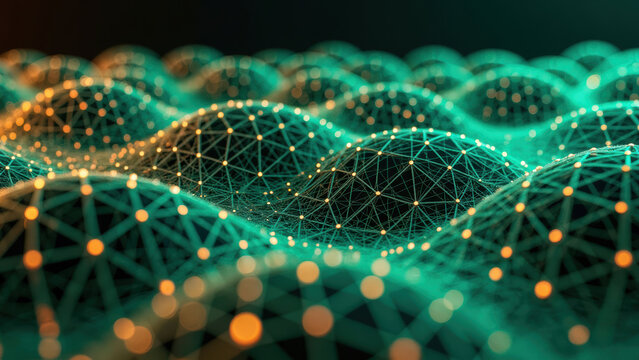 Digital landscape featuring interconnected nodes and lines, creating wave like structure with glowing elements. This abstract design evokes sense