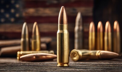 Obraz premium A golden rifle bullet stands proudly on an aged wooden table, accompanied by an array of bullets in different sizes and shapes. The American flag softly drapes in the background