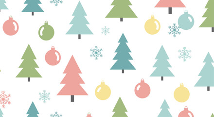 Festive Christmas Trees and Ornaments Seamless Pattern.