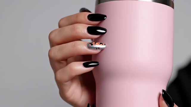 Stylish manicure with black polish and silver animal print accent nail. Woman's hand holding pink tumbler. Modern beauty and nail art concept