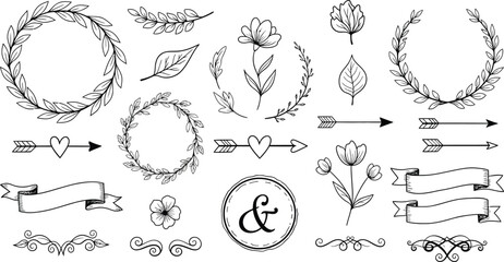Hand Drawn Botanical with Laurel Wreaths and Arrows on White