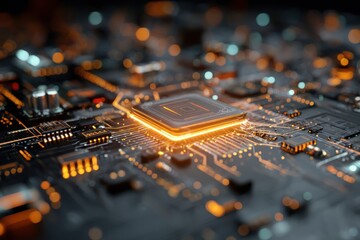 A futuristic 3D rendering of a computer chip surrounded by glowing light effects on a dark, intricate circuit board. This high-tech backdrop highlights advanced technology and gaming concepts. 