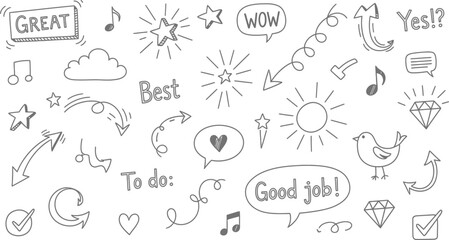 Hand Drawn Doodle Elements on White Background, Arrows, Star, Diamond, Text