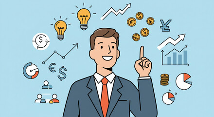 A smiling man in a suit points upwards, surrounded by financial and business-related symbols.