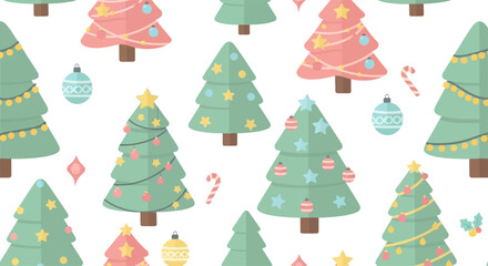 Christmas Trees with Decorations Seamless Pattern.