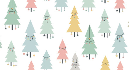 Colorful Christmas trees pattern on white background festive holiday design.