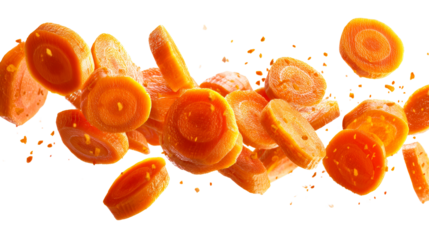 Fresh Carrot Slices and Pieces in Mid-Air, cut out transparent