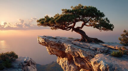 Lone tree grows on cliff edge at sunset overlooking the ocean, sunlight reflecting on the water surface with mountain range in the distance