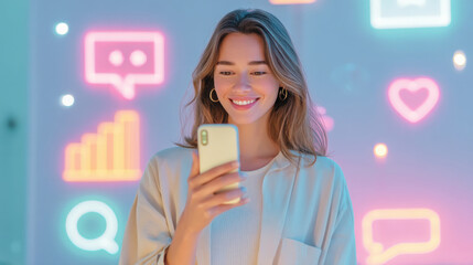 A young woman smiles while using her smartphone in a vibrant digital environment filled with colorful icons.