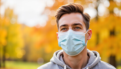 Young man wearing a medical mask while standing outdoors in autumn  