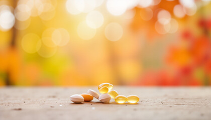 Dietary supplements and vitamins on wooden surface in autumn light  