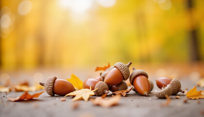 Acorns scattered on colorful autumn leaves in a forest floor  