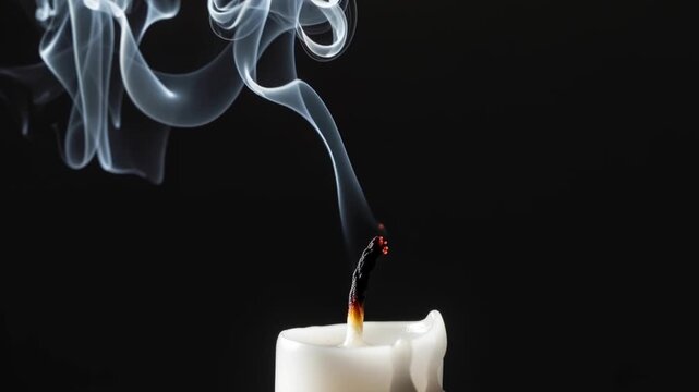 Closeup of Burning Candle Wick Smoking with Falling Ash in Dark Background