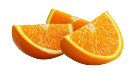 Three orange segments with visible juicy pulp, cut out transparent