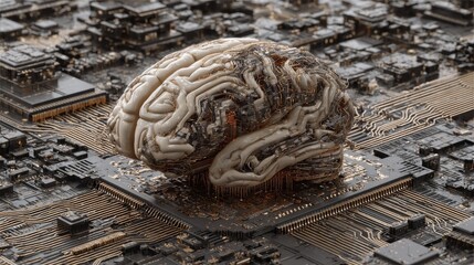 the convergence of mind and machine a human brain seamlessly merges with intricate circuitry symbolizing the dawn of artificial intelligence and its boundless potential