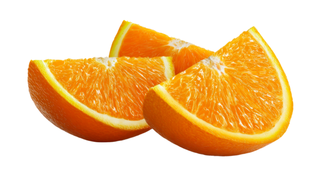 Three orange segments with visible juicy pulp, cut out transparent