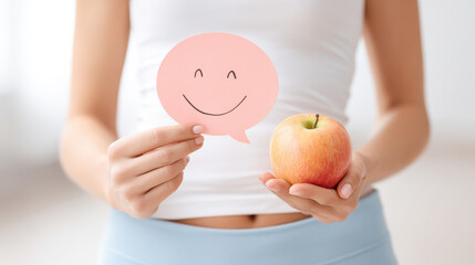 Woman holding an apple and a smiley speech bubble, promoting healthy eating and positive emotions.