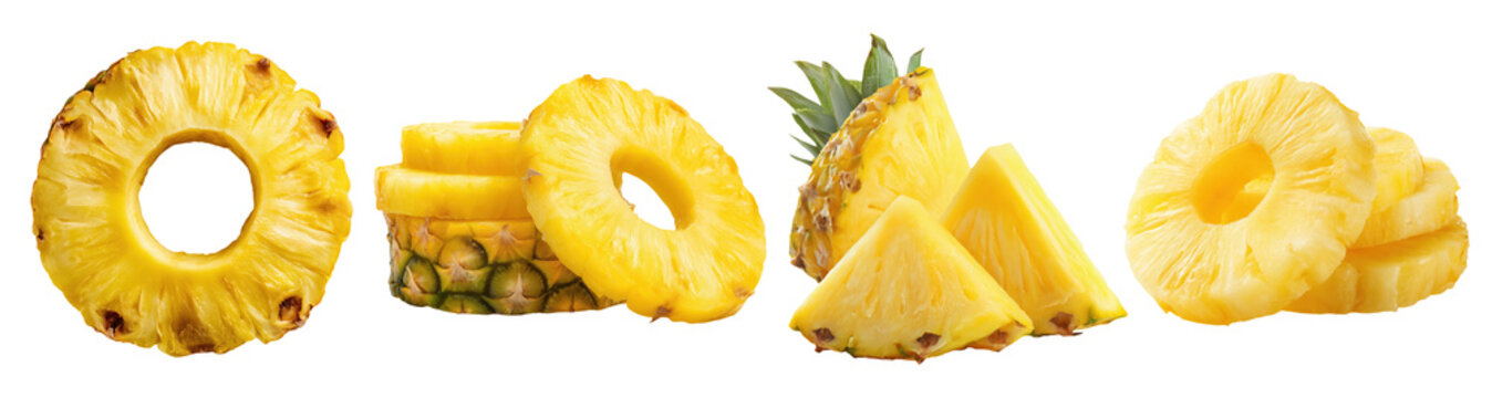 Set isolated fresh tropical fruit, ripe sliced pineapple in various style, on transparent background.