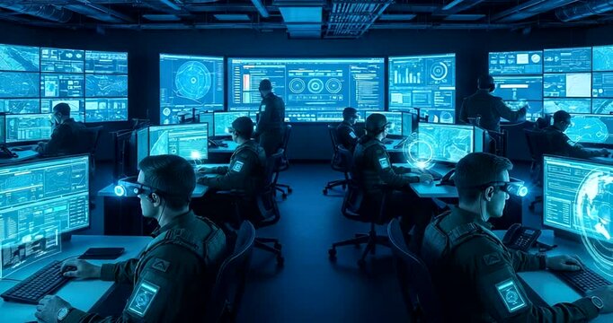 Cyber security team monitoring data on multiple screens in a control room