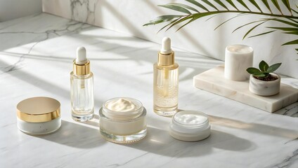 Elegant skincare products displayed on a marble surface with a palm leaf in the background