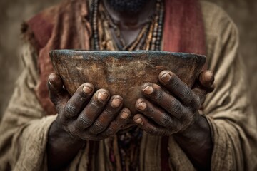Aging hands of a man gently cradling a rustic clay bowl, embodying cultural heritage, craftsmanship, and the deep connection to tradition in a tactile and meaningful expression of identity