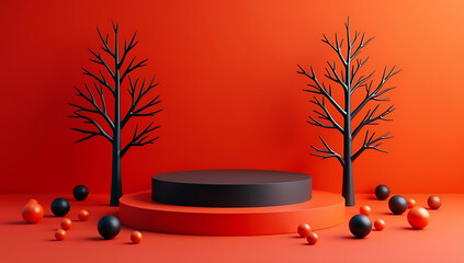 Minimalist halloween scene with black podium and bare trees on red background for product display and presentation