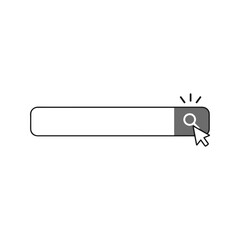 Search bar vector illustration with magnifying glass icon and mouse cursor clicking the button. Blank input field for web search query, isolated on white background.
