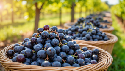 Freshly harvested black grapes in wicker baskets in vineyard  