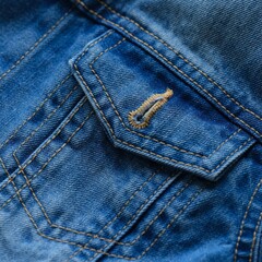 Close-up shot of a pocket on blue denim jacket.