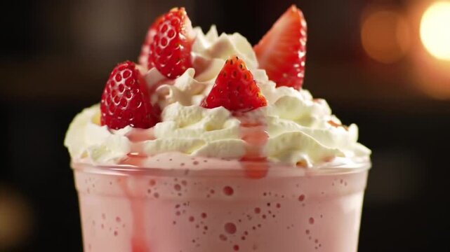 Strawberry milkshake with whipped cream and fresh fruit topping
