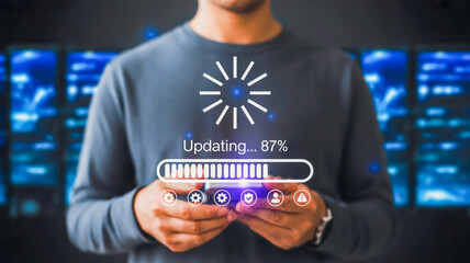 Man updating software on smartphone with loading bar and icons