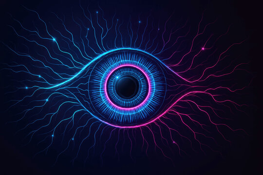 Abstract glowing eye with neon blue and pink circuits and tendrils 