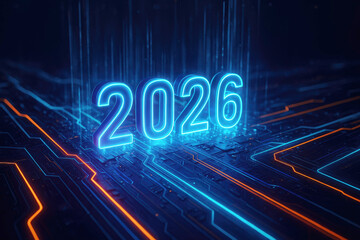 Bright Blue Neon 2026 Numbers Emerging from a Futuristic Circuit Board with Orange and Blue Light Trails