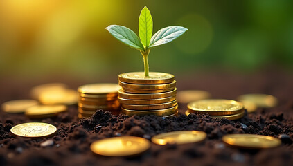 A small green plant growing from a stack of golden coins in the soil, representing financial growth and investment