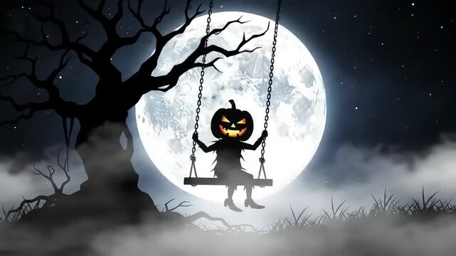 A silhouette of a pumpkin-headed child sitting on a swing under a bright full moon in a foggy forest. Perfect for eerie Halloween scenes and mysterious storytelling