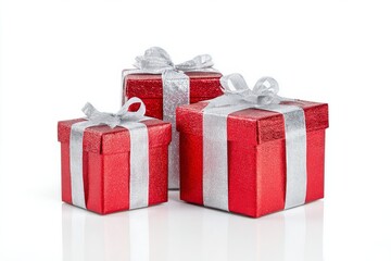 Obraz premium Colorful Wrapped Gifts in Red and Silver Ready for Celebration During Holiday Season