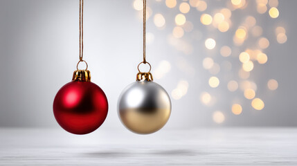 Christmas holiday background with copy space, hanging balls and bokeh lights on white background. Merry Christmas and Happy Holidays greeting card, frame, and banner. New Year. Noel. Christmas theme.