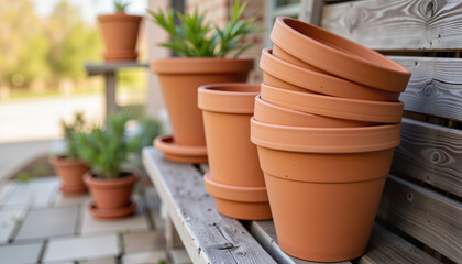 Terracotta plant pots stacked on wooden bench in garden setting  